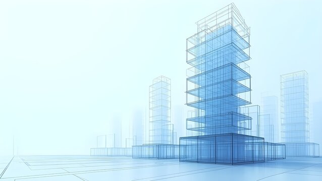 Futuristic 3D wireframe architectural design of modern high-rise office building in digital city visualization