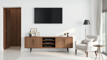 Modern living room with mounted television and wooden media console