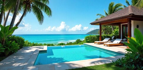 Luxury villa with private pool, stunning ocean views, and lush tropical gardens Perfect for a relaxing getaway , architecture, calm, getaway home