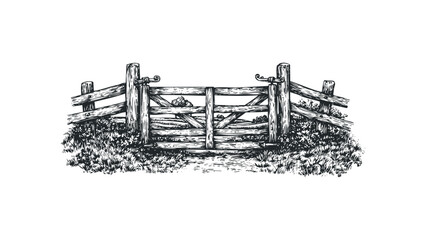 Rustic Wooden Farm Gate with Metal Latch and Grassy Meadow. Vector hand drawn illustration