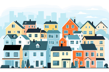 Naklejka premium Vibrant neighborhood showcasing diverse homes and city skyline creating a welcoming community atmosphere for modern living