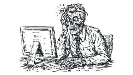 Stressed Skeleton Working on Computer with Glasses on Head. Vector hand drawn illustration