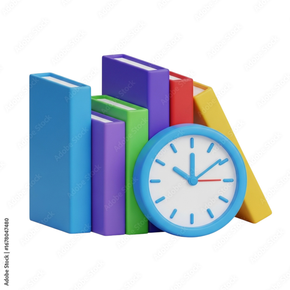 Poster 3d icon of stack of colorful books with a blue clock isolated on transparent background