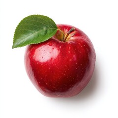 Fresh Red Apple with Leaf on White Background, Healthy Snack, Vibrant Color, Organic Fruit, Natural Food