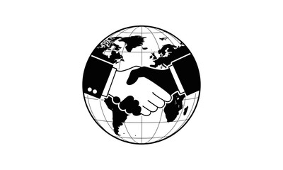 Obraz premium Black and white graphic depicting a handshake superimposed over a world globe inside of an oval shape