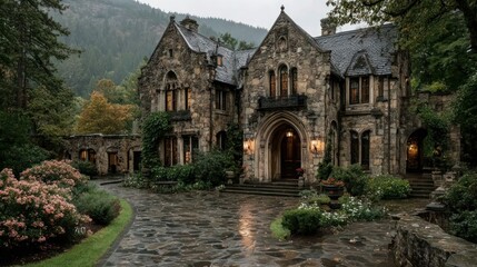 Obraz premium Expansive stone mansion with ornate detailing, surrounded by flowering gardens and forested hills