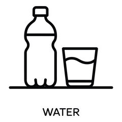 A simple line drawing of a water bottle and glass filled with water on a flat surface  vector silhouette