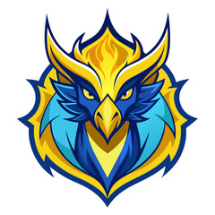 Blue-and-Yellow Flame Phoenix-Dragon Hybrid Head in Jagged Badge