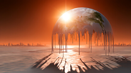 A globe melting with wax-like icicles, a symbol of global warming, over a cityscape at sunset.
