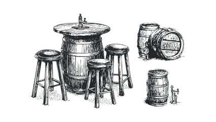 Wooden barrel bar table with stools and beverage dispensing taps. Vector hand drawn illustration