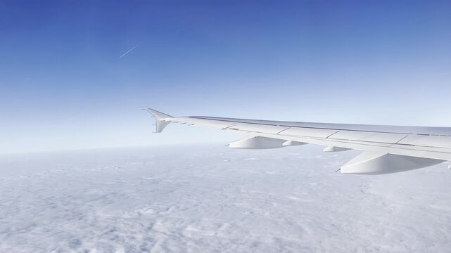 View from the window of an aeroplane flying above the clouds, suny day