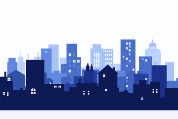 Naklejka premium Vibrant cityscape silhouette at dusk with glowing windows, capturing urban energy and modern living.