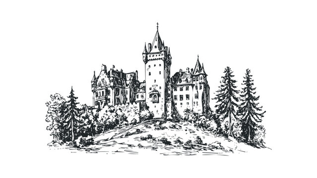Detailed ink sketch of a European-style castle on a hill with trees. Vector hand drawn illustration