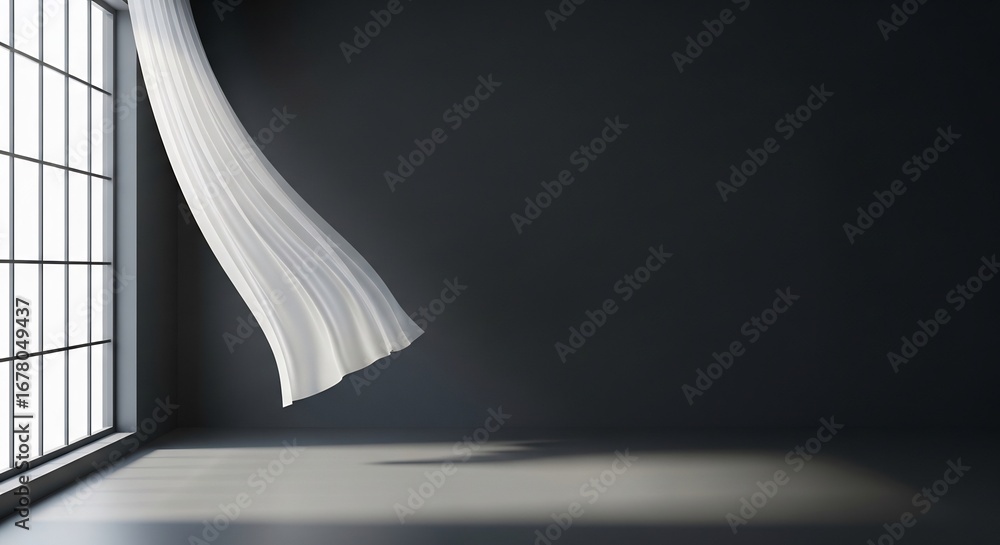 Poster minimalist empty dark interior with a white curtain waving in the wind from a large window. sunlight