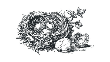 Nest with Eggs and Broken Shells on Transparent Background. Vector hand drawn illustration