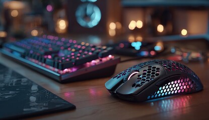 Gaming keyboard and mouse on wooden desk