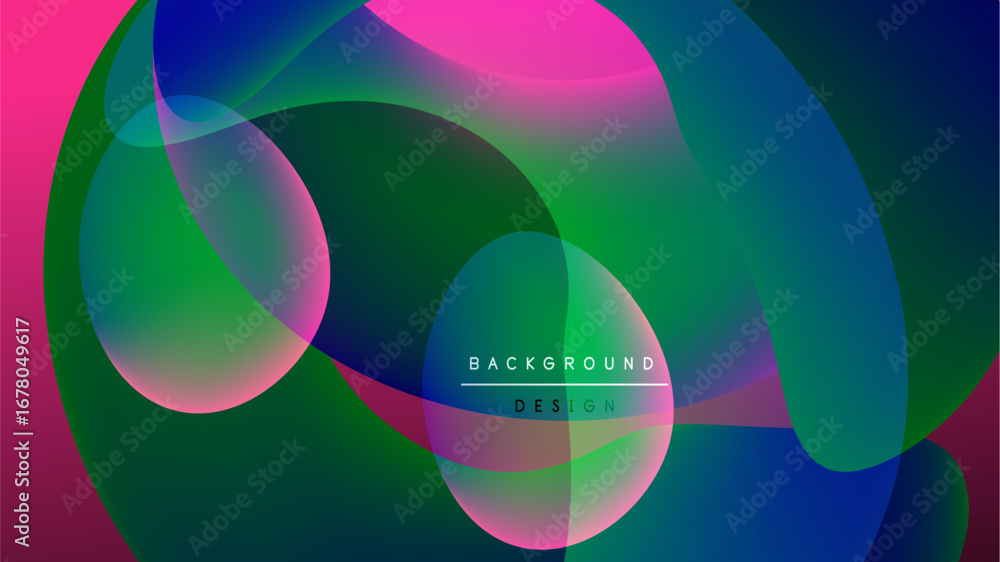 Poster abstract fluid shapes overlap, creating vibrant color gradients. dark background emphasizes bright p
