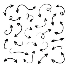 Various hand drawn black arrows pointing in different directions on white background  vector silhouette