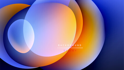 Abstract design features overlapping colorful circles. Gradient hues blend orange, blue, purple against dark backdrop. Modern, dynamic composition.