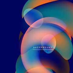 Abstract fluid shapes overlap, creating vibrant color gradients. Blue dominates, accented by orange, yellow hues. Modern design element.
