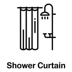 Shower with curtain and faucet and water drops in black and white line drawing style bathroom design  vector silhouette