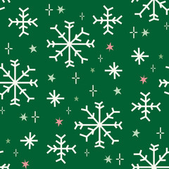 Snowflake seamless Christmas pattern on green background with stars