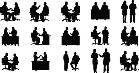 Silhouette doctor consulting patient, medical discussion illustration, healthcare professionals, hospital consultation scene, clinical meeting, patient diagnosis, health care vector design