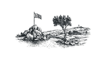 American flag waves proudly from rocky peak overlooking scenic landscape with solitary tree. Vector hand drawn illustration