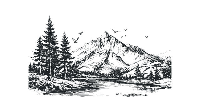 Hand-drawn mountain range with pine trees and flying birds by a lake. Vector hand drawn illustration