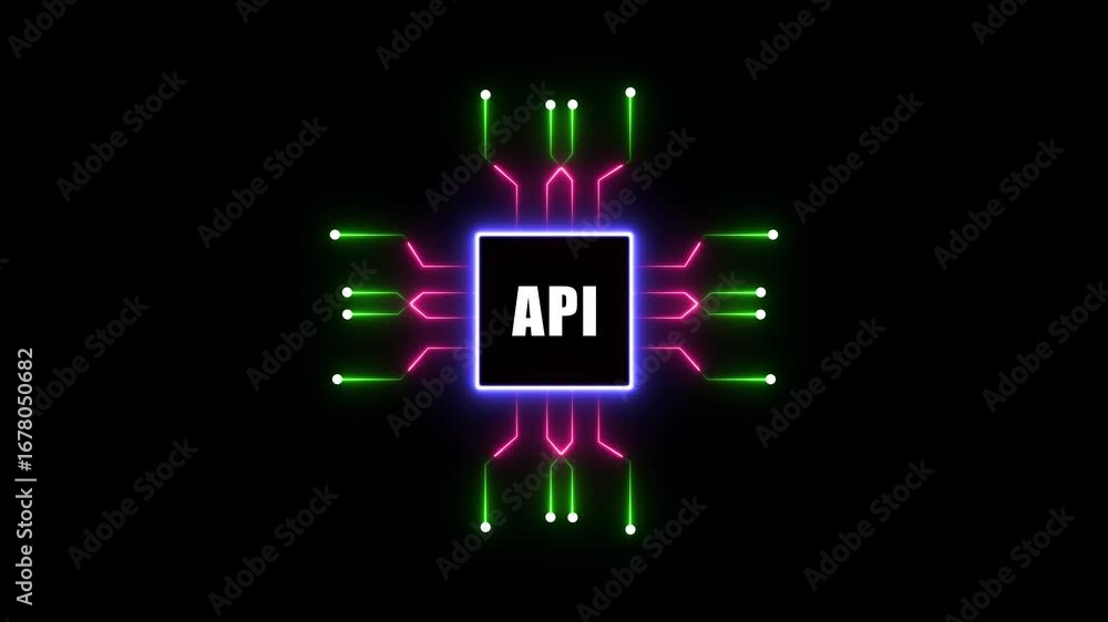 Poster glowing api microchip with neon green and pink circuits, symbolizing artificial intelligence, advanc