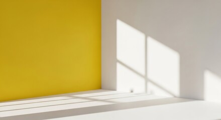 Fototapeta premium Abstract corner of an empty room with a vibrant yellow accent wall. Bright sunlight streams through a window, casting a clear shadow on the white surfaces.