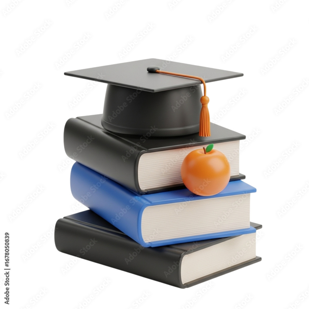 Aufkleber 3d icon of stack of books with graduation cap and apple isolated on transparent background