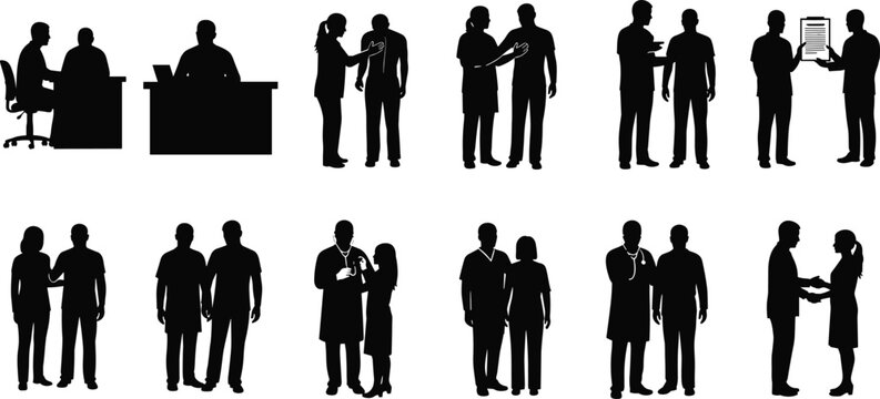 Silhouette doctor consulting patient, medical teamwork discussion, healthcare professionals, hospital communication, clinical consultation scene, 