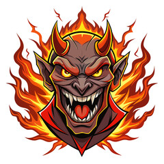 Grinning Fiery Demon Head with Thick Outlines and Electric Arcs