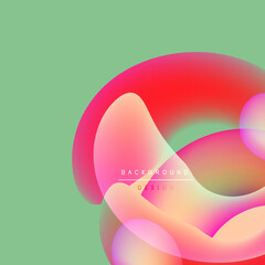 Abstract fluid shapes overlap, creating vibrant color gradients. Soft pinks, reds, oranges blend against mint background. Modern design element.