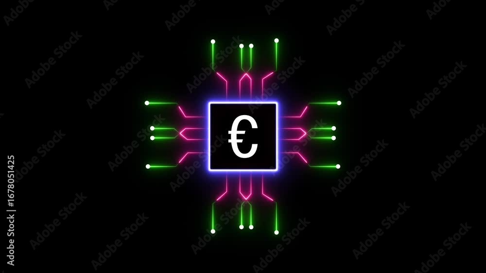 Poster glowing euro microchip with neon green and pink circuits, symbolizing artificial intelligence, advan