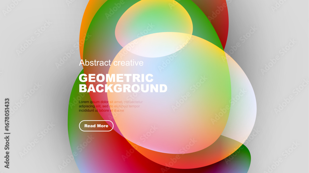 Poster abstract colorful shapes overlap, creating dynamic visual effect. text present, button visible. mode
