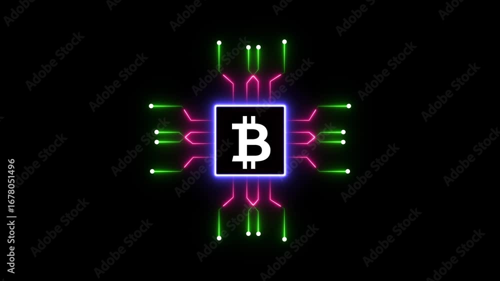 Poster glowing bitcoin microchip with neon green and pink circuits, symbolizing artificial intelligence, ad