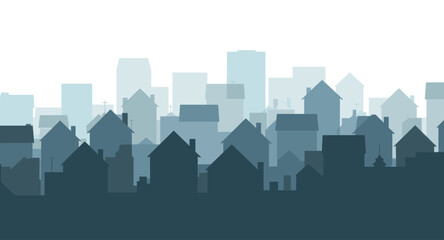 Naklejka premium Serene urban skyline silhouette with layered houses and modern buildings creating a peaceful, atmospheric cityscape.