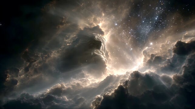 divine marble statue forming from cosmic dust and luminous nebula clouds, ethereal light rays, partially incomplete form emerging from the void, cinematic atmosphere 