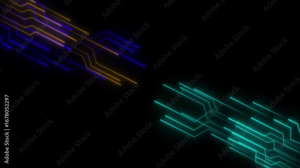 Poster abstract neon lines in pink and green forming futuristic circuit-like patterns on a dark background,