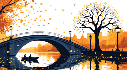 Obraz premium Romantic autumn boat ride under a picturesque bridge with falling leaves and warm streetlights reflecting on calm water