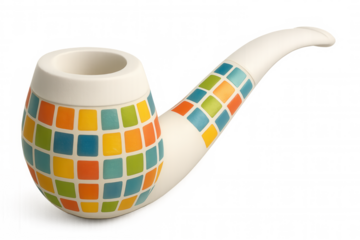 White smoking pipe decorated with a colorful mosaic pattern, isolated on transparent background, representing leisure and tobacco tradition