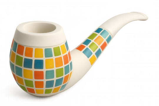 White smoking pipe decorated with a colorful mosaic pattern, isolated on transparent background, representing leisure and tobacco tradition - Powered by Adobe
