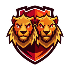 Mirrored Lion Mascot Badge with Saturated Colors and Dramatic Shadows for Competitive Branding