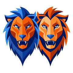 Dual Lion Heads in Orange and Blue with Geometric Manes and Opposing Stances