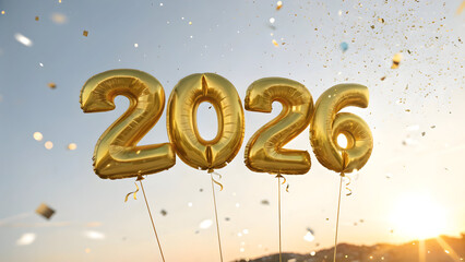 Golden 2026 number balloons floating with confetti against a bright sky full hd 4k stock image download