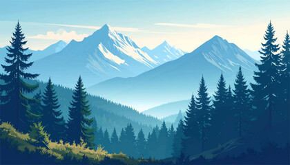 Mountain landscape with pine trees. Scenic view of serene mountain range. Natural forest and distant mountains. Peaceful mountain scenery with trees. Snow-capped peaks and forest view