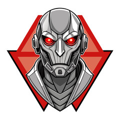 Futuristic Robotic Face Mask with Red Eyes and Chrome Finish Inside a Triangle Crest