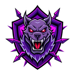Demonic Beast Mascot with Sinister Grin in Spiked Shield and Purple Energy Bursts